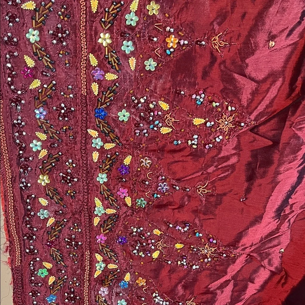 Source Unknown large Burgundy beaded Embellished Scarf Sari wrap
